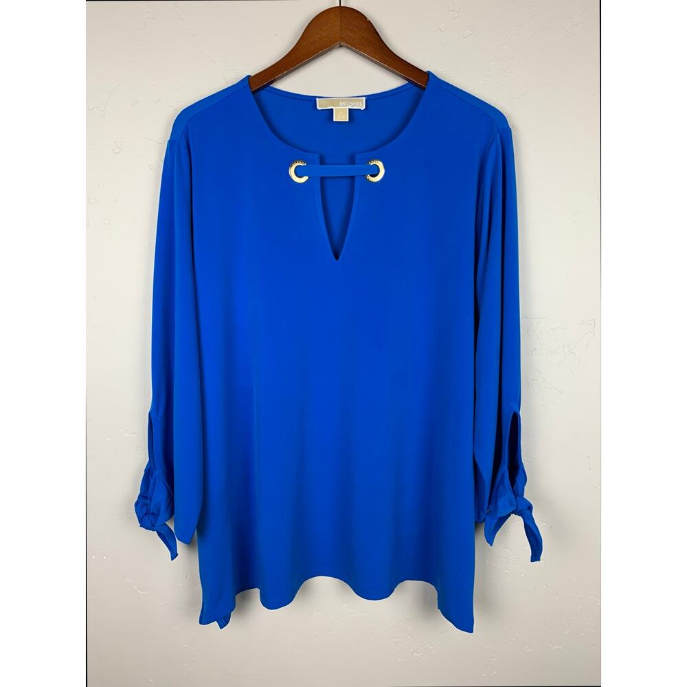 Michael Michael Kors Blouse Royal Blue Top Stretchy Knit Tie Sleeves Women's 2X